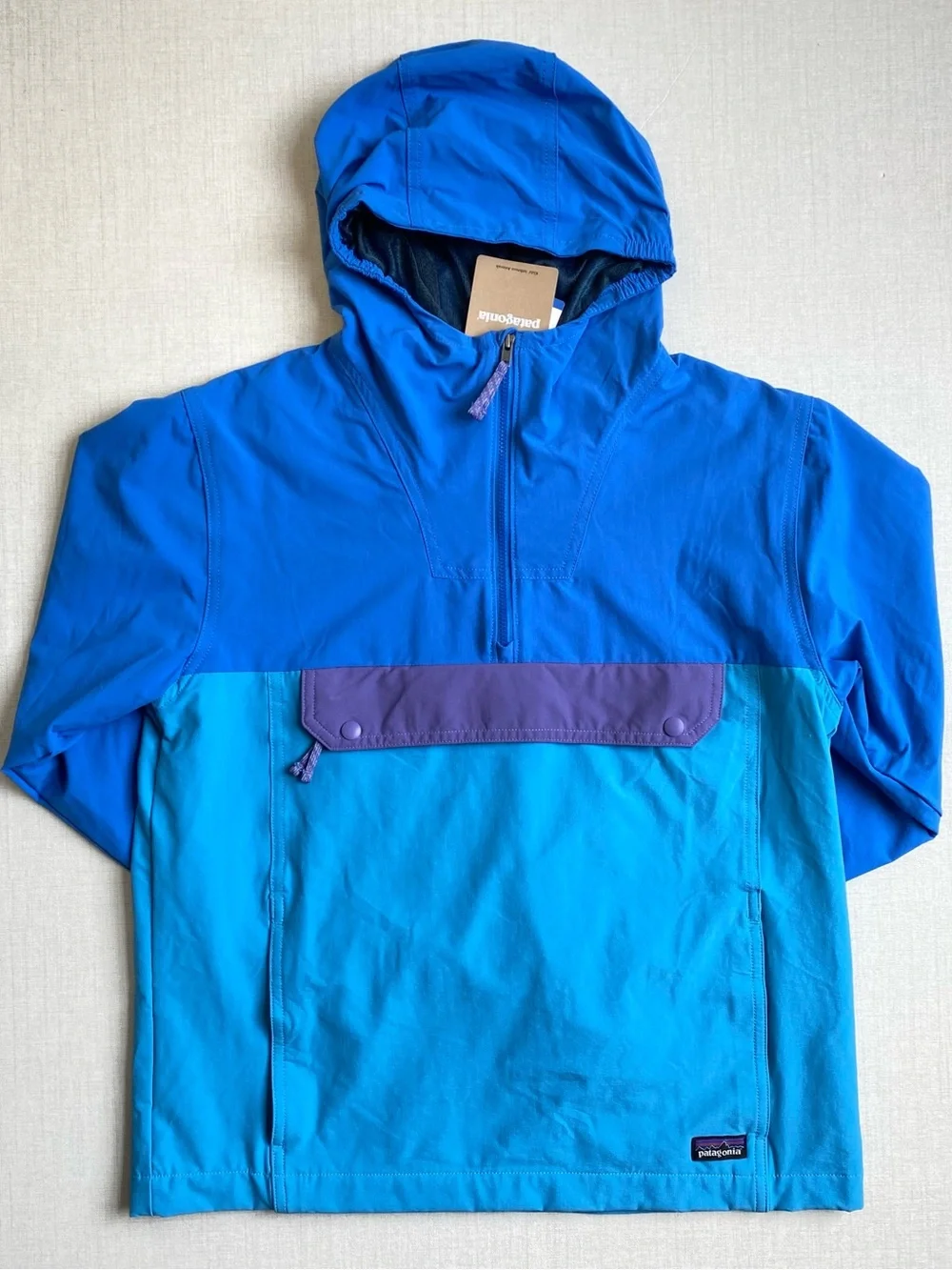 NWT Patagonia Kids Isthmus Anorak Hooded Jacket Blue Purple Size XL 14 40+ UPF
